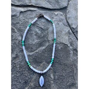 Blue Agate Pendant Beaded Necklace Faceted Pale Blue Beads Adjustable 17-20